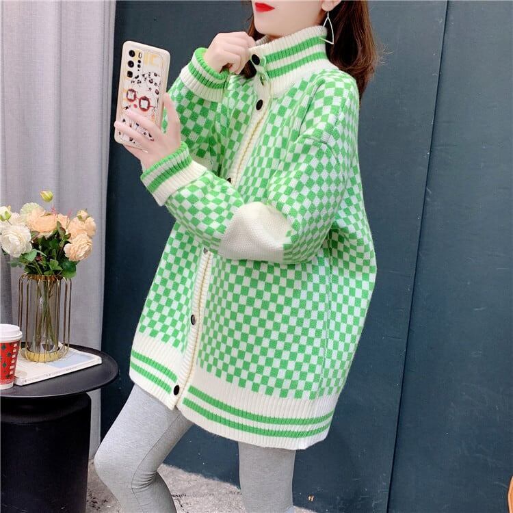 ゆったり感アップ ハイネック 知的で品の良い チェック柄 長袖 カーディガン アウター＜S-2706＞