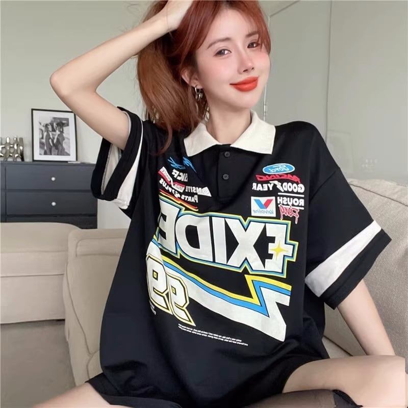 韓国系 オーバーサイズ POLOネック グラフィック ロング Tシャツ 三色 ゆったりワンピース＜S-4025＞