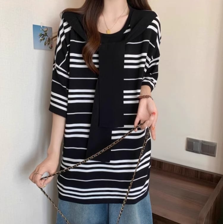 超人気 レイヤード風 カジュアル ストライプ柄 ゆったり 半袖 Tシャツ＜S-8797＞