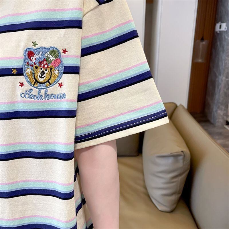 大人可愛い ストライプ柄 カジュアル 刺繍 半袖Tシャツ カットソー ＜S-8571＞