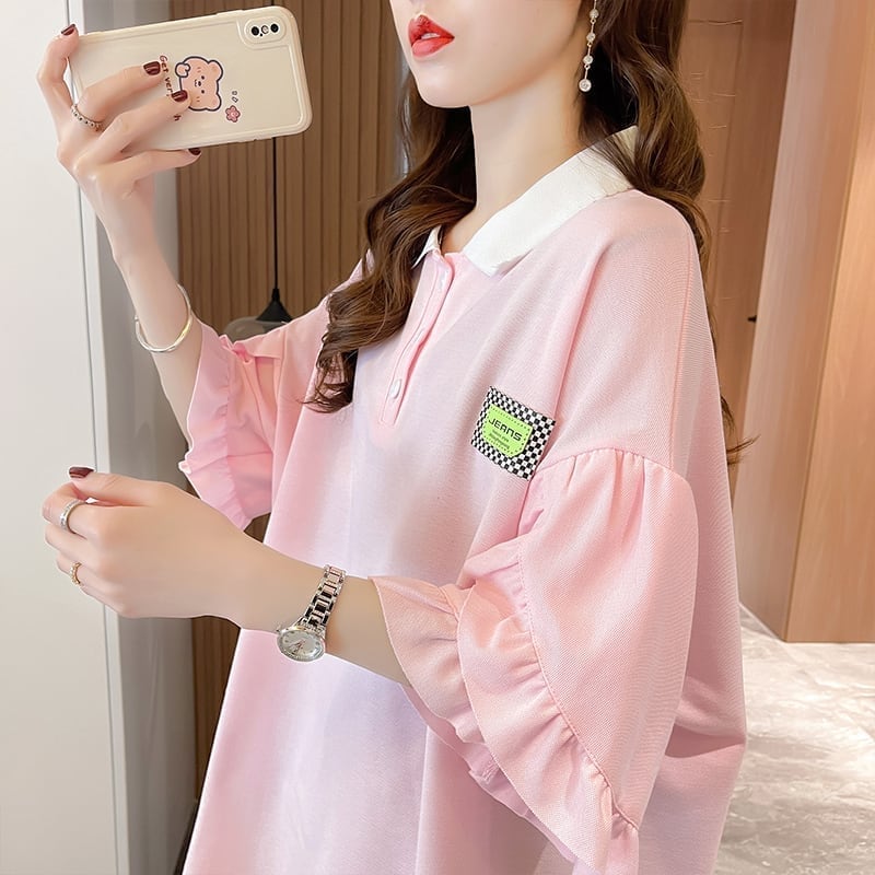 おすすめ POLOネック シンプル フリル ロング Tシャツ 三色 ゆったり半袖 ＜S-3055＞