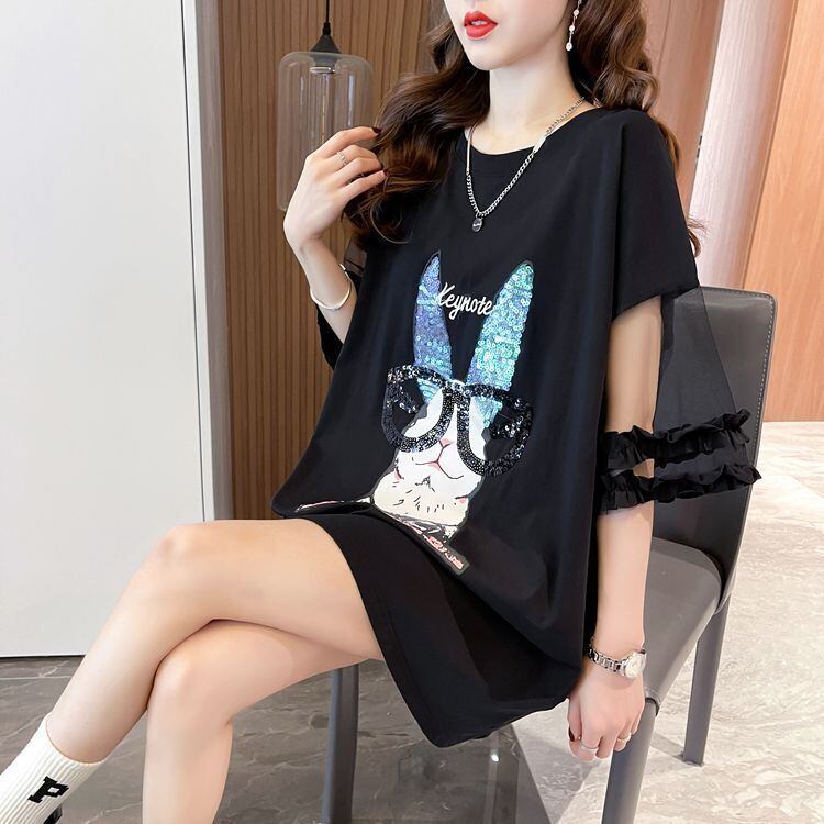 着回し力抜群 チュール 新作 切り替え ピンク プリント スパンコール プリント全3色 半袖Tシャツ カットソー ＜S-8557＞