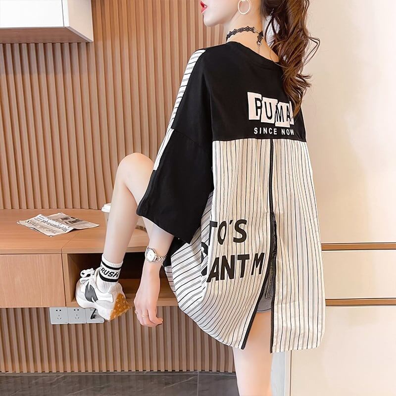 大好評 切り替え ストライプ柄 プリント ロング Tシャツ 三色 ゆったりワンピース ＜S-4012＞