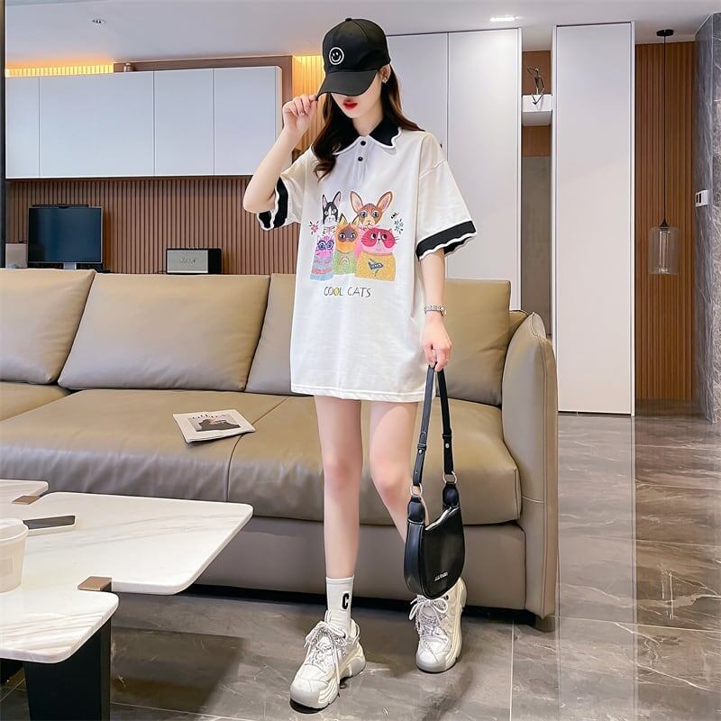デザインセンスゆったりプリントトップラペルTシャツポロシャツ<S-2898>