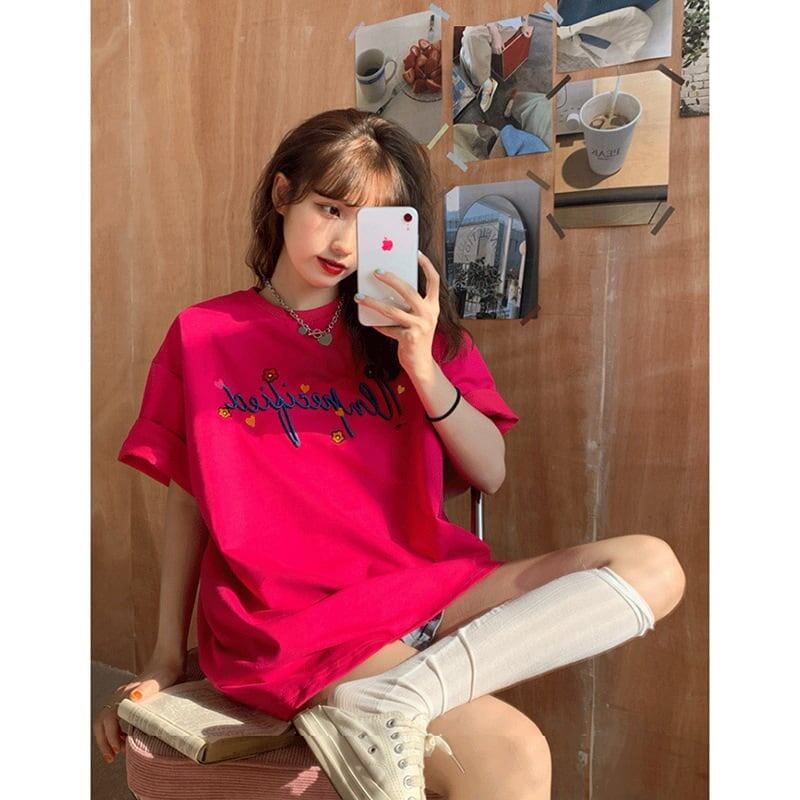 質感のいい アルファベット 刺?ロゴ Tシャツ ローズ ゆったり半袖＜S-2967＞