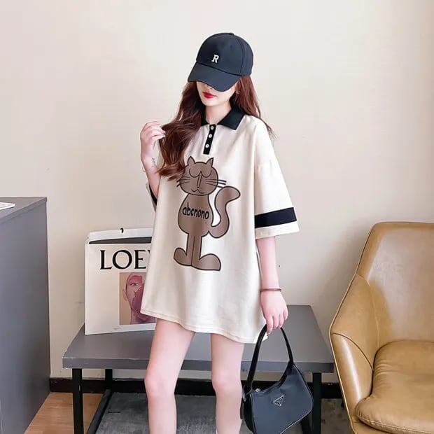 韓国系 猫柄 POLOネック ロング プリントTシャツ ゆったり半袖 ＜S-2894＞