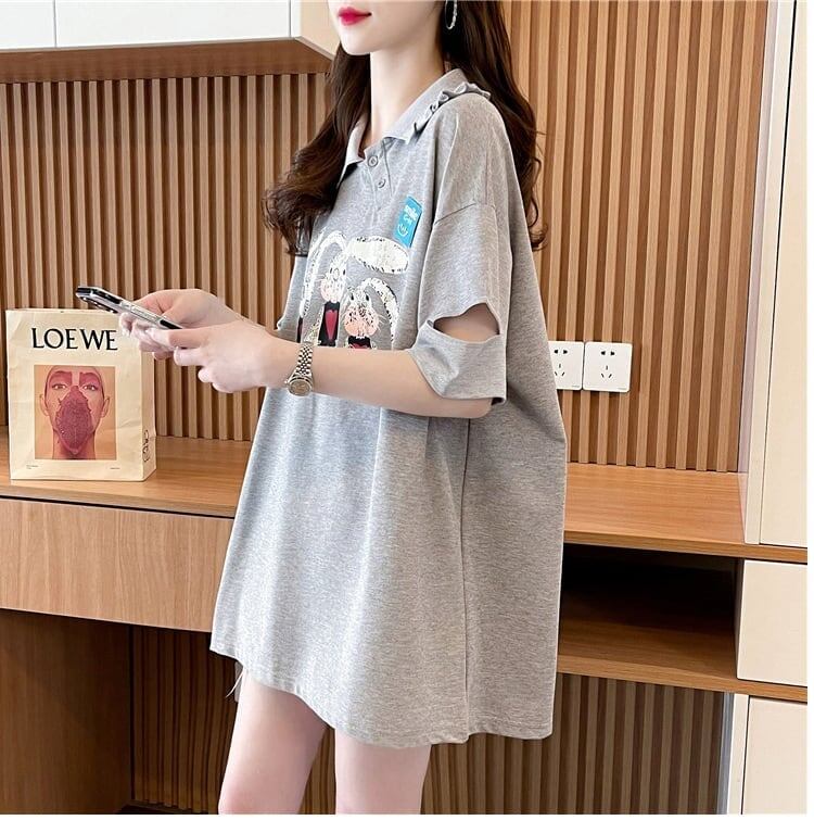 美人度アップ 折り襟 可愛いウサギちゃん プリントロング Tシャツ ゆったり半袖 ＜S-2956＞