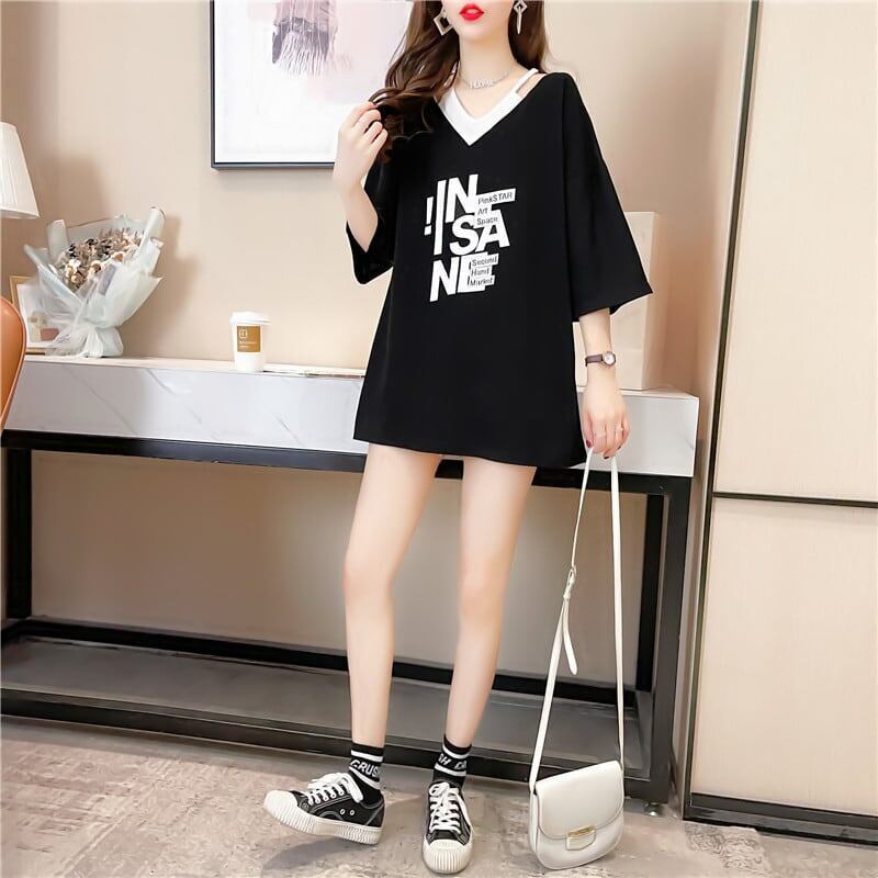 売れ筋 アルファベット Vネック フェイクレイヤード ゆったり 着せ 半袖 Tシャツ ＜S-2005＞