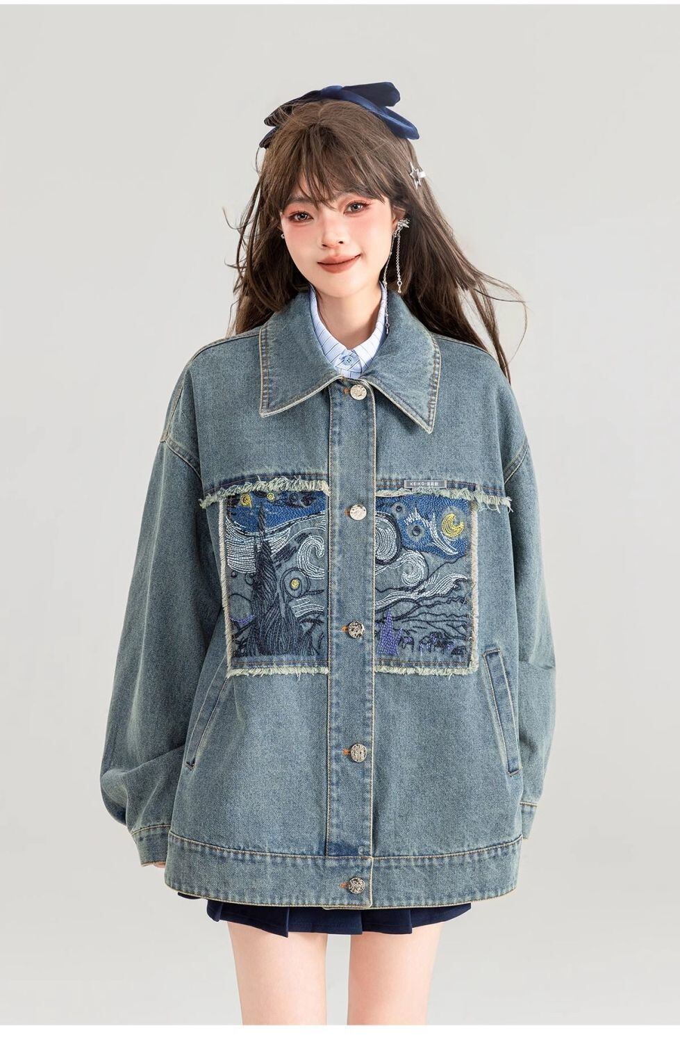 流行新作 おしゃれ度高め 高見えデザイン 刺繍 デニム ジャケット<S-10521>