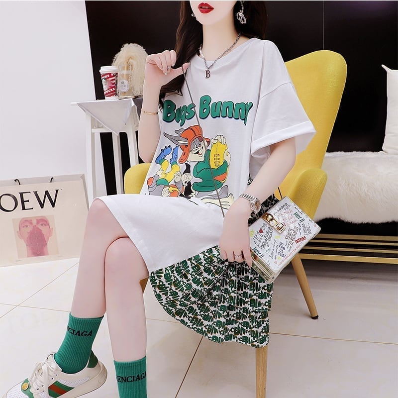 デザイン感 プリント チャーミング Tシャツ カットソー ワンピース＜S-3508＞
