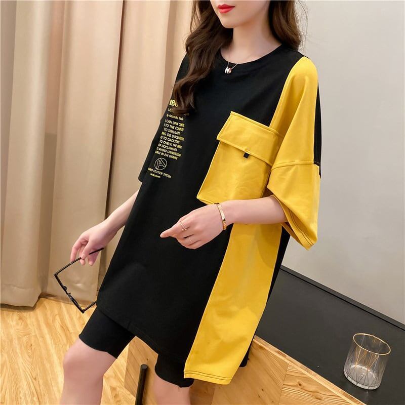 韓国系配色切り替えロングゆったり三色半袖Tシャツ＜S-1625＞