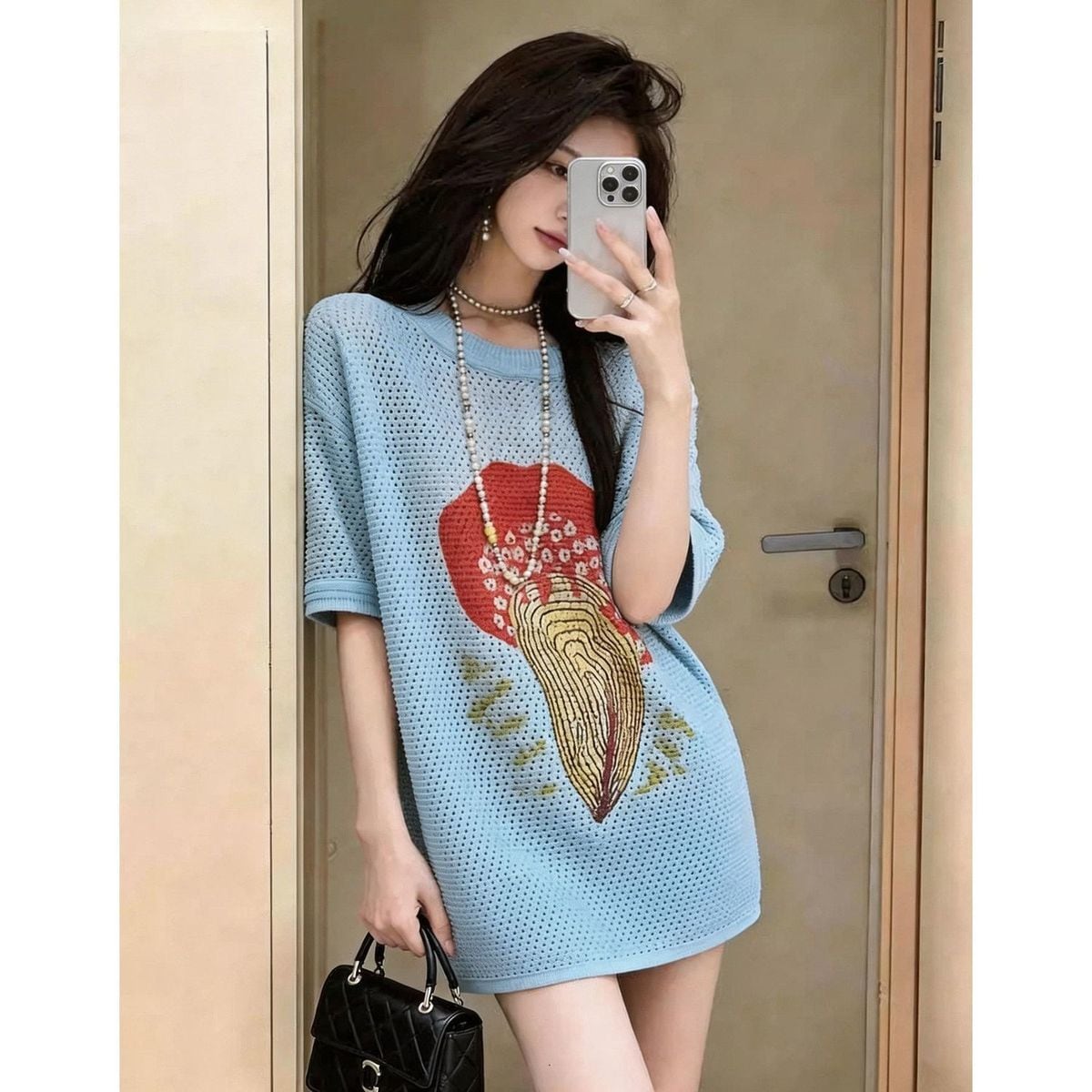 ファッション ニット プリント Tシャツ <S-13204>