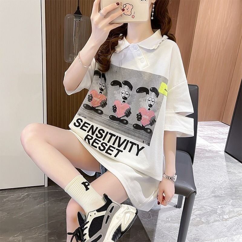 夏新作 アルファベットプリント POLOネック ロング Tシャツ ゆったりワンピース ＜S-3038＞