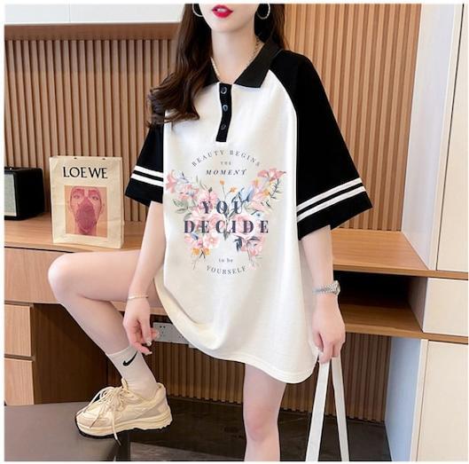 POLOネック プリント バタフライ ロング ラグランTシャツ ゆったりワンピース ＜S-3023＞