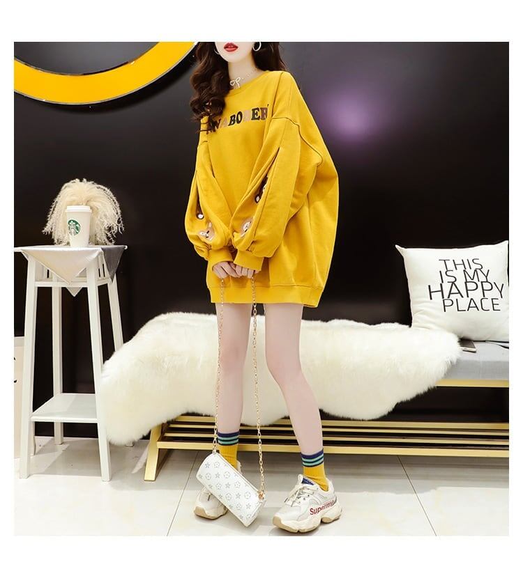 【半額！期間限定！！】韓国風ルーズラウンドネックミドル丈ファッション怠惰なトップス<S-5067>