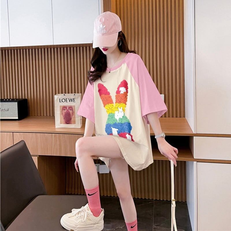 美人度アップ Tシャツ 可愛いウサギ 丸襟 半袖＜S-2824＞