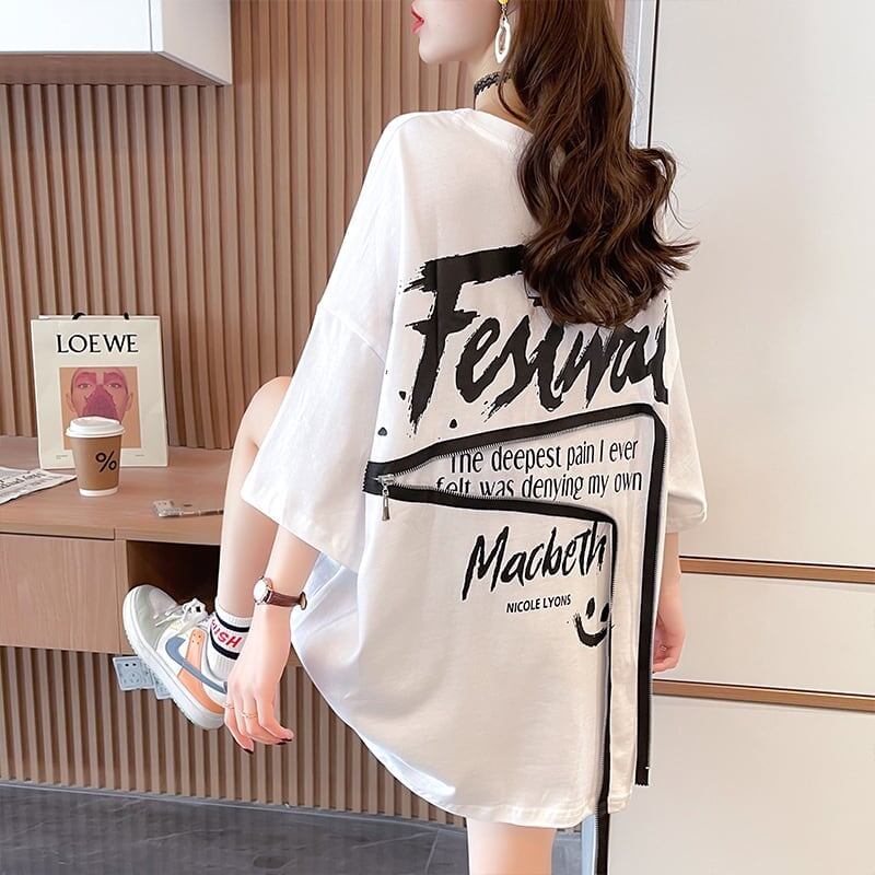 デザイン個性ゆったりミドル丈半袖Tシャツ<S-3036>