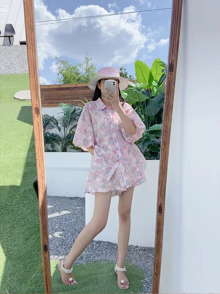 新商品 花柄 大人可愛い シャツ＋ショートパンツ セットアップ＜S-9001＞