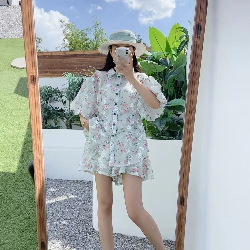 新商品 花柄 大人可愛い シャツ＋ショートパンツ セットアップ＜S-9001＞