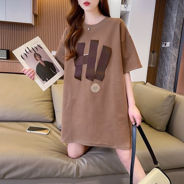 ファッション ロング プリントTシャツ 丸襟 半袖＜S-2807＞
