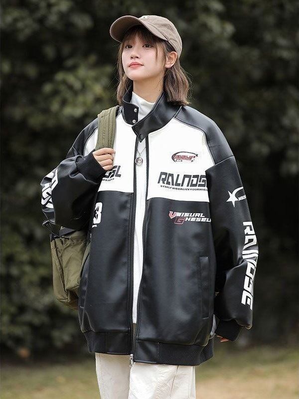カジュアル 2色選択 切り替え 厚みパッド入り レザー男女兼用 ジャケット <S-10494>