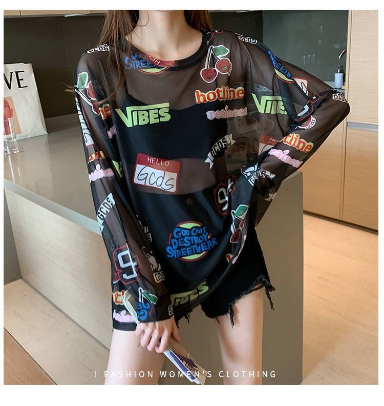 超人気 ルーズ 個性派 日焼け防止に透け感 Tシャツ＜S-8052＞