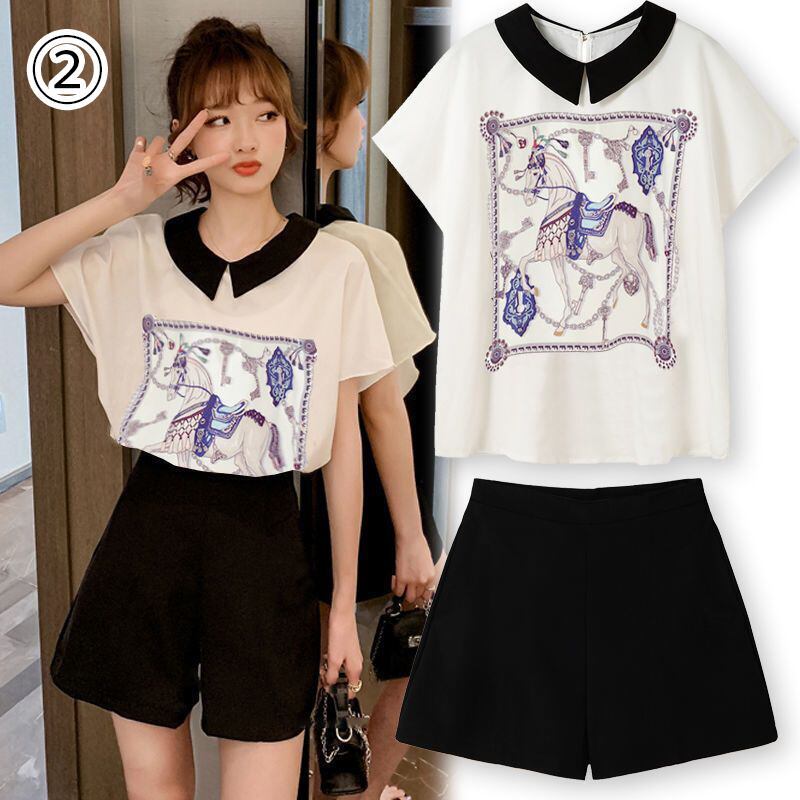 美人度アップ シフォン スウィート 半袖 Tシャツ ショートパンツ セットアップ ＜S-9234＞