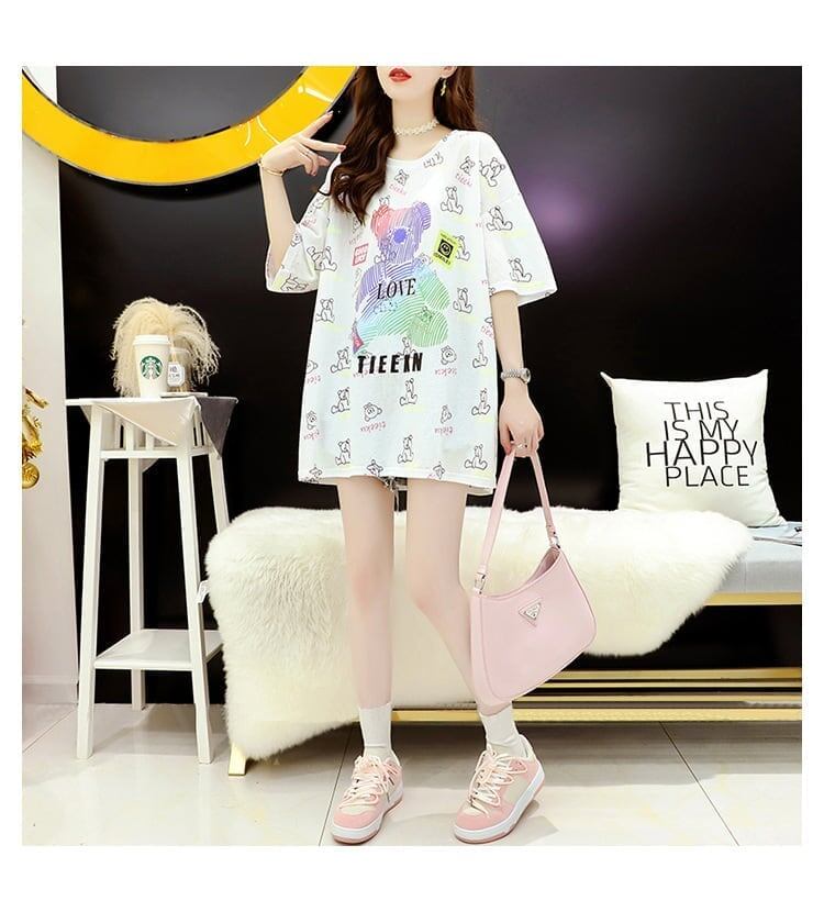 大活躍 プリント 熊柄 Tシャツ ラウンドネック ゆったり半袖＜S-3004＞