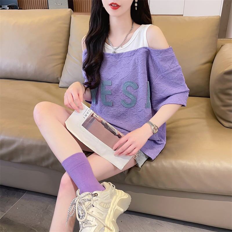 新商品 ゆったり カジュアル プリント オープンショルダー 2色 半袖Tシャツ＜S-8282＞