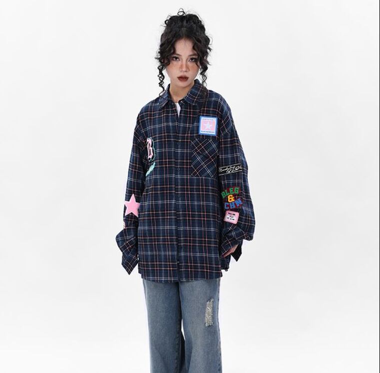新商品 アバンギャルド 大活躍 カジュアル 刺繍 チェック柄 全2色 男女兼用 シャツ ＜S-9167＞