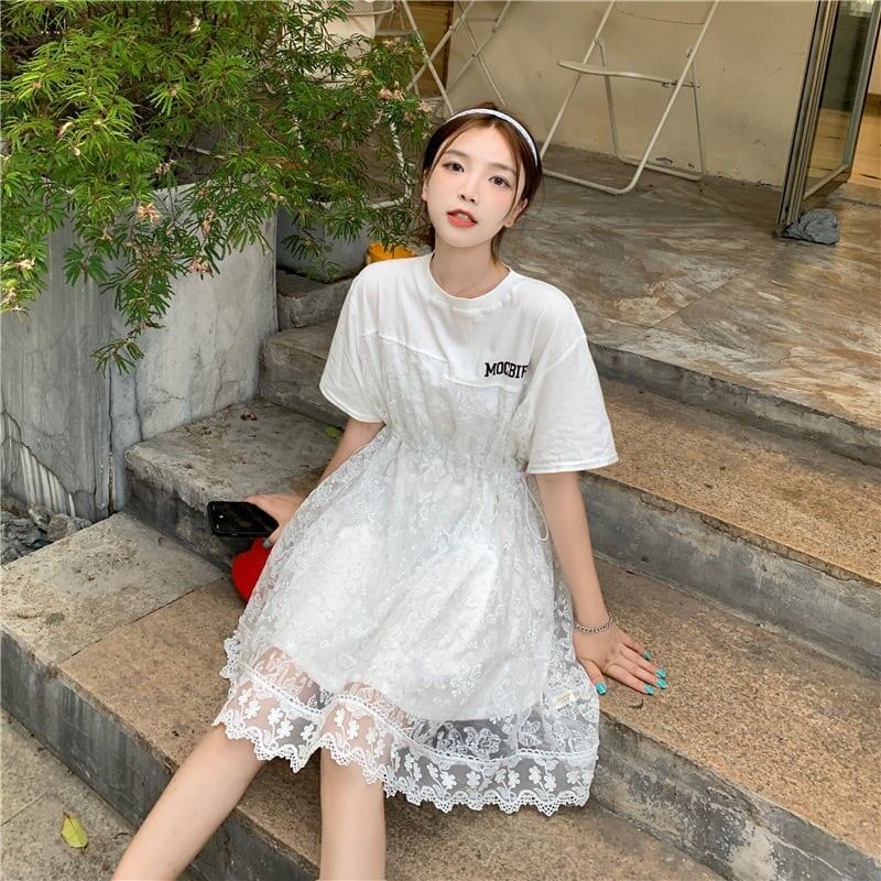 売れ筋 切り替え レース フェイクレイヤード 膝丈 半袖 Tシャツワンピース ＜S-1953＞