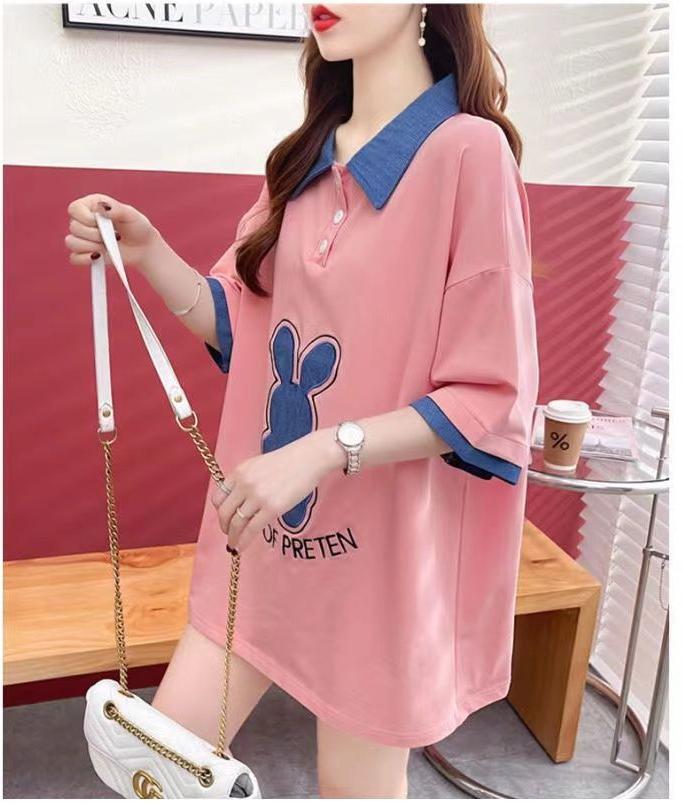韓国系 ウサギちゃん POLOネック プリントTシャツ 三色 ゆったり半袖 ＜S-3056＞