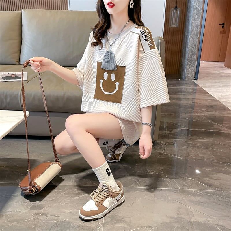 エレガントな立体ジャガードルーズウールパッチステッチ半袖Tシャツ<S-2901>