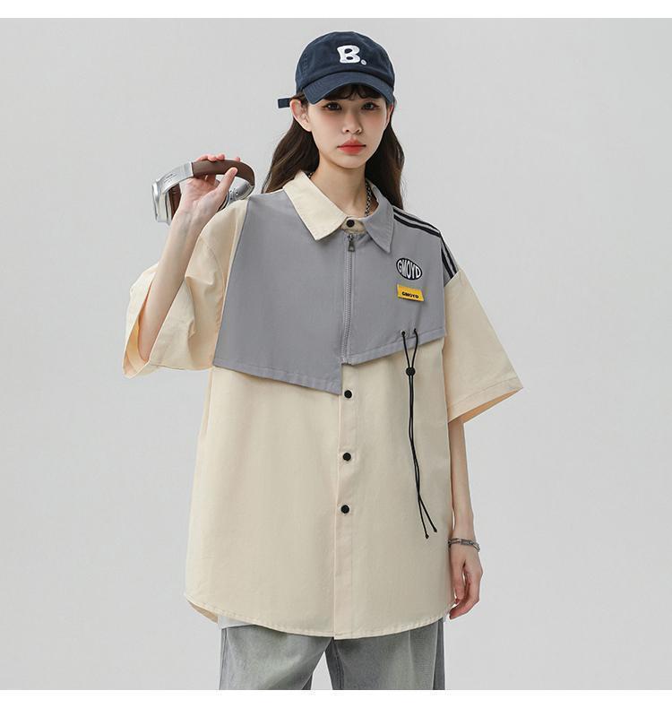 シンプルだけど一癖あるコーデ 切り替え レイヤード風 全2色 半袖Tシャツ<S-9046>