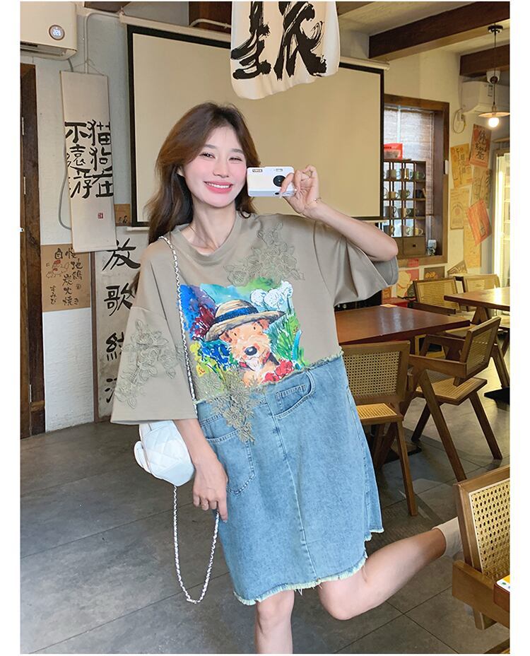 超人気 カジュアル ファッション デニム 切り替え プリント ワンピース＜S-8615＞