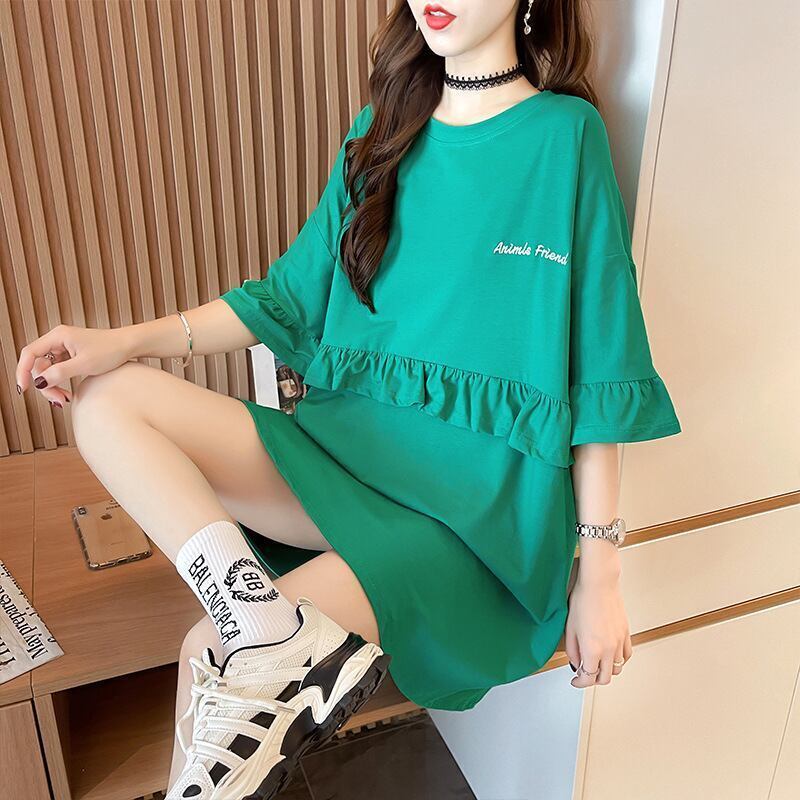 【半額！期間限定！！】合わせやすい 切り替え フリル プリント Tシャツ ゆったりワンピース＜S-3008＞