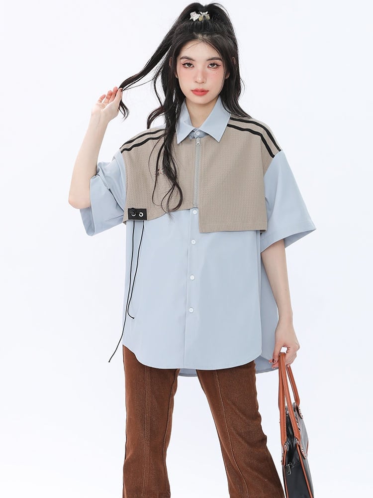 期間限定 ファッション 個性派 レイヤード風 切り替え プリント全3色 男女兼用 半袖Tシャツ<S-9044>