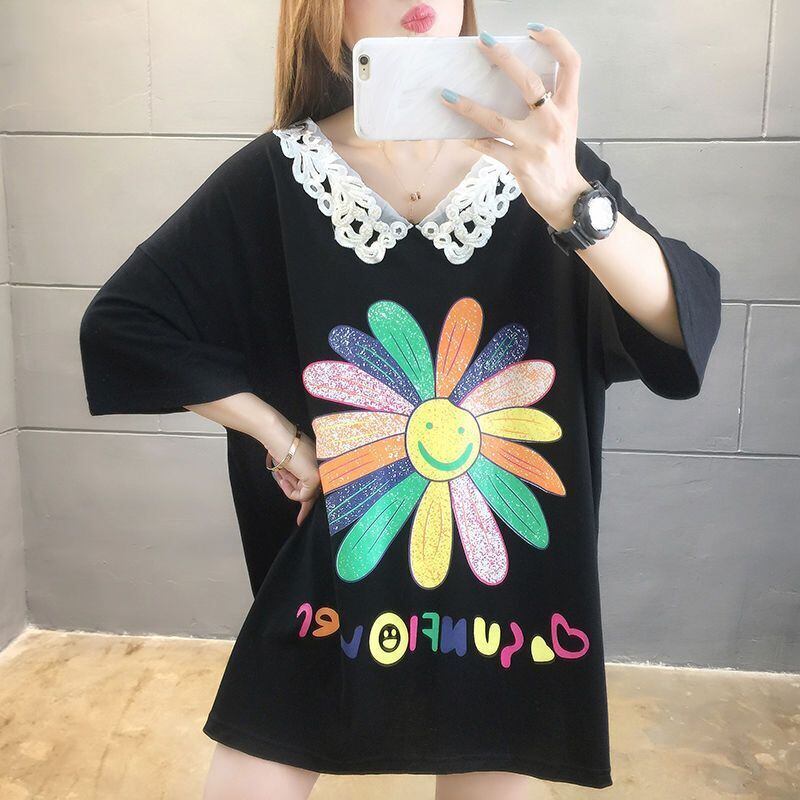 大人可愛い ロング丈 ゆったり 切り替え 三色半袖Tシャツ＜S-8129＞