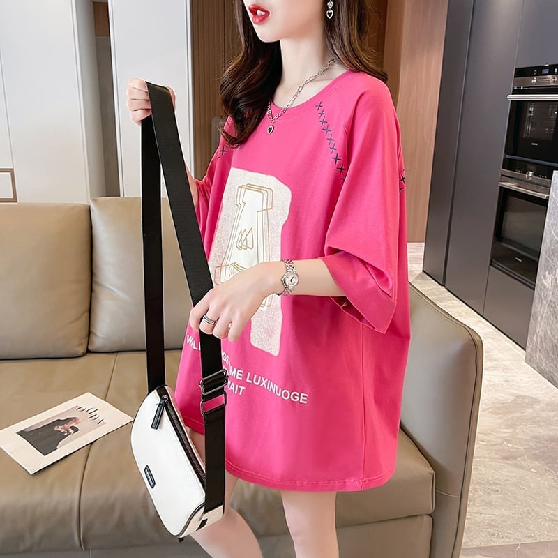 超人気商品 ロング アルファベット プリントTシャツ 三色 ゆったり半袖 ＜S-4019＞