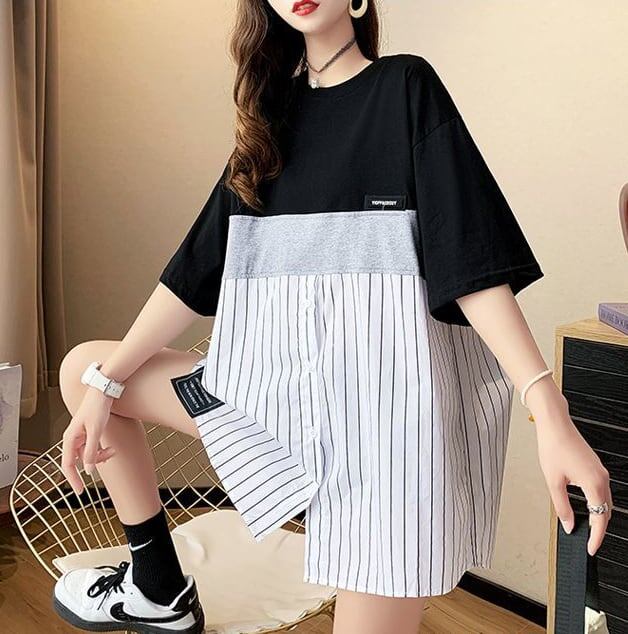超人気 切り替え ストライプ柄 ラウンドネック プリント全2色 半袖Tシャツ<S-8741>