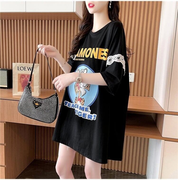 着心地良い レース切り替え リボン プリントTシャツ ゆったり半袖＜S-2889＞