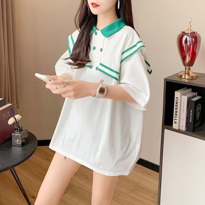 絶対欲しい ロング セーラーカラー Tシャツ 三色 ゆったりワンピース＜S-4028＞