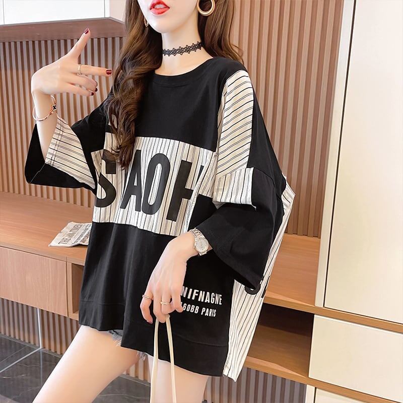 大好評 切り替え ストライプ柄 プリント ロング Tシャツ 三色 ゆったりワンピース ＜S-4012＞