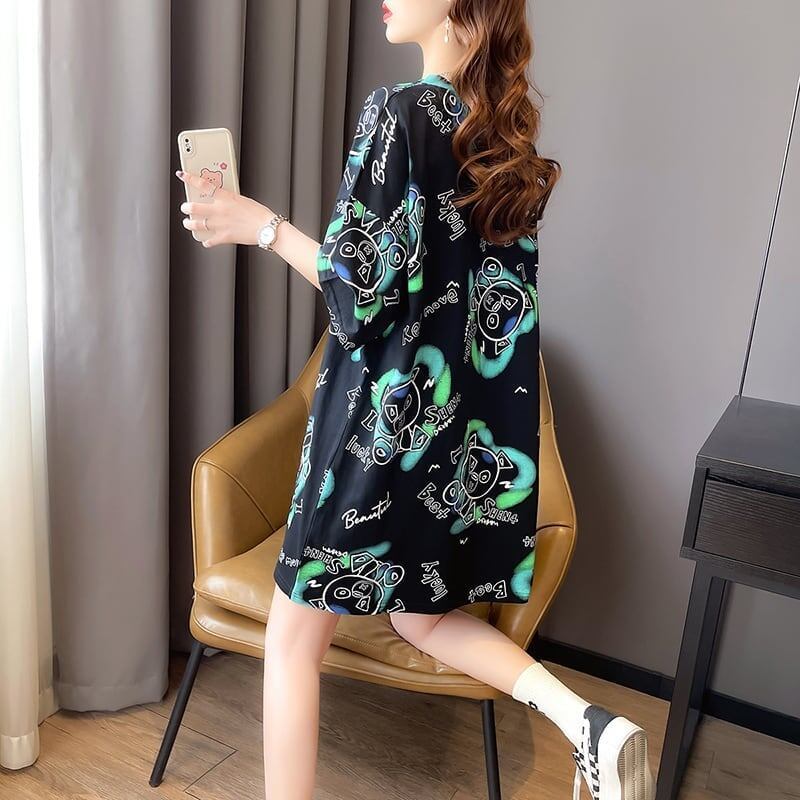 好感度満載 プリント 美感いっぱい Tシャツ カットソー ワンピース＜S-3501＞