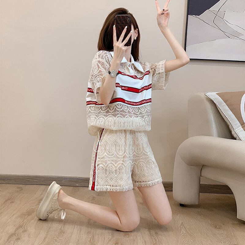 新商品 上品 着心地良い カジュアル 透かし彫り 半袖 Tシャツ ショートパンツ セットアップ ＜S-8785＞