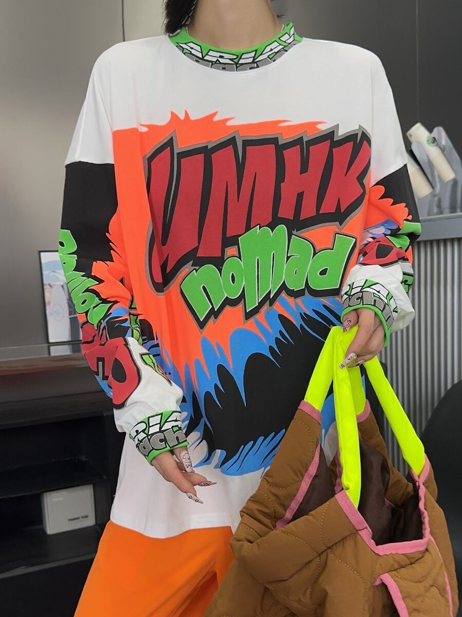 着回し力抜群 アバンギャルド 個性的なデザイン プリント全2色 Tシャツ<S-9225>