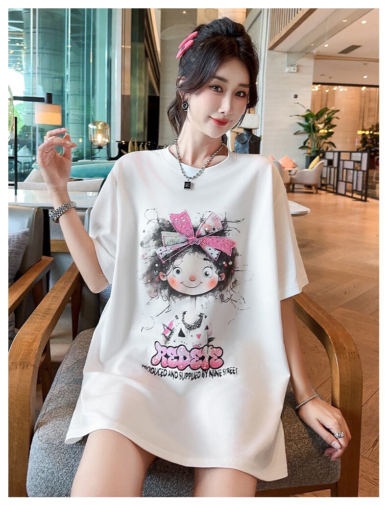 好感度UP ピンク カジュアル プリント スパンコール プリント ゆったり 半袖 Tシャツ＜S-8705＞