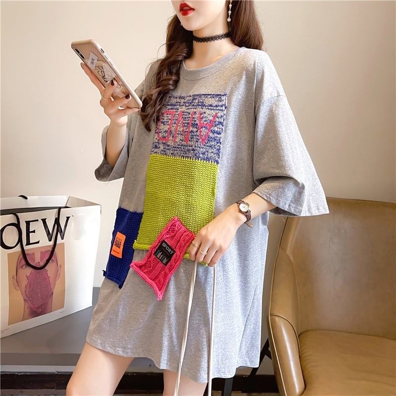 【半額！期間限定！！】ゆったりロング丈切り替え三色半袖Tシャツ＜S-1565＞