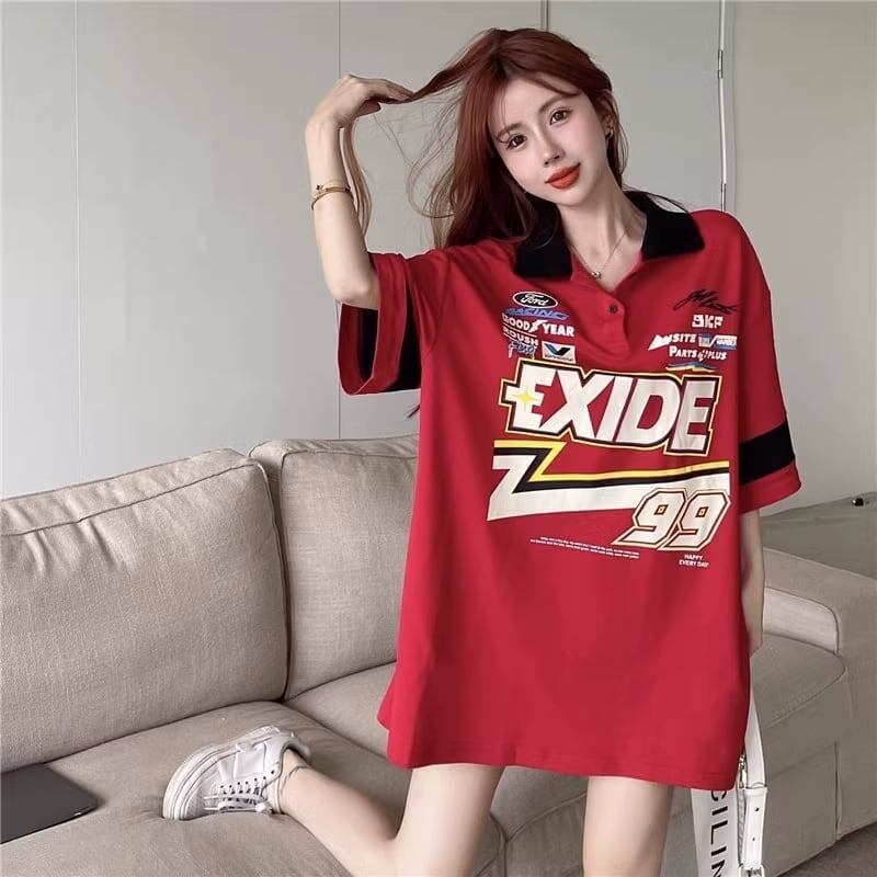 韓国系 オーバーサイズ POLOネック グラフィック ロング Tシャツ 三色 ゆったりワンピース＜S-4025＞