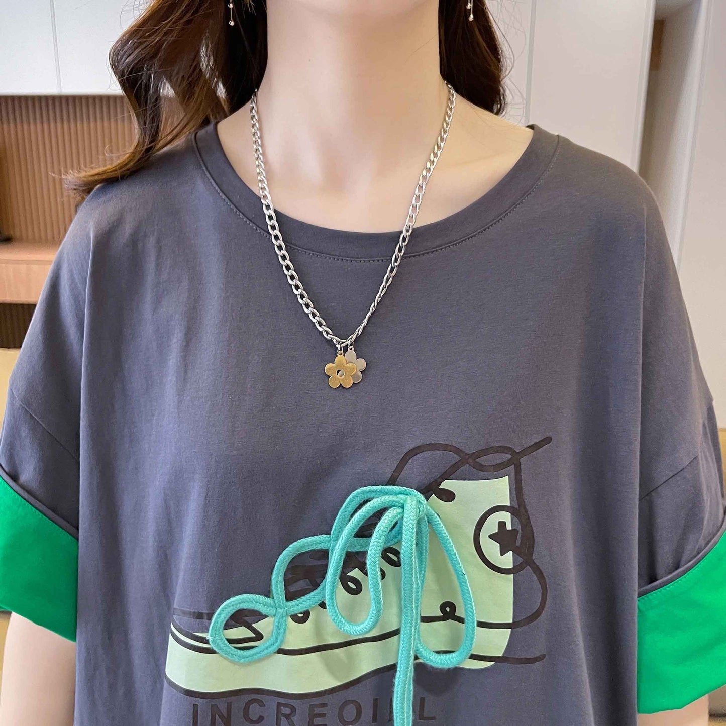 韓国系 プリント ラウンドネック ロング Tシャツ ゆったり半袖 ＜S-2988＞